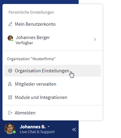 Organisation Einstellungen öffnen