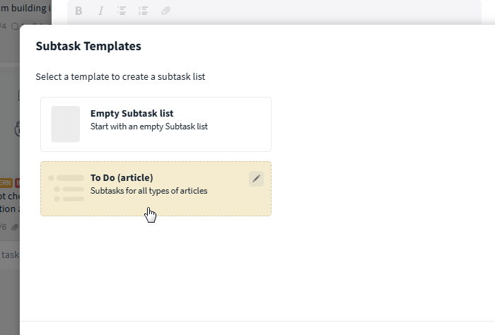 Select template for subtask list