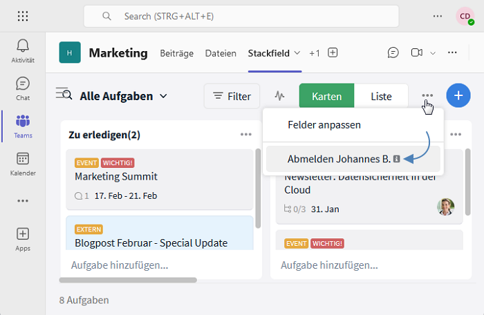 In MS Teams aus Stackfield abmelden