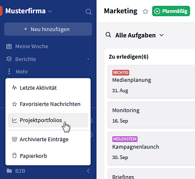 Projektportfolios öffnen via Seitenleiste