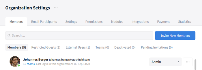 User information in the organization settings